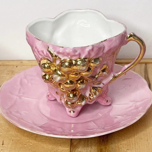 Pink & Gold Lusterware Set of 5 Teacup & Saucer Victorian Luster‎ Raised Grapes - Picture 5 of 16